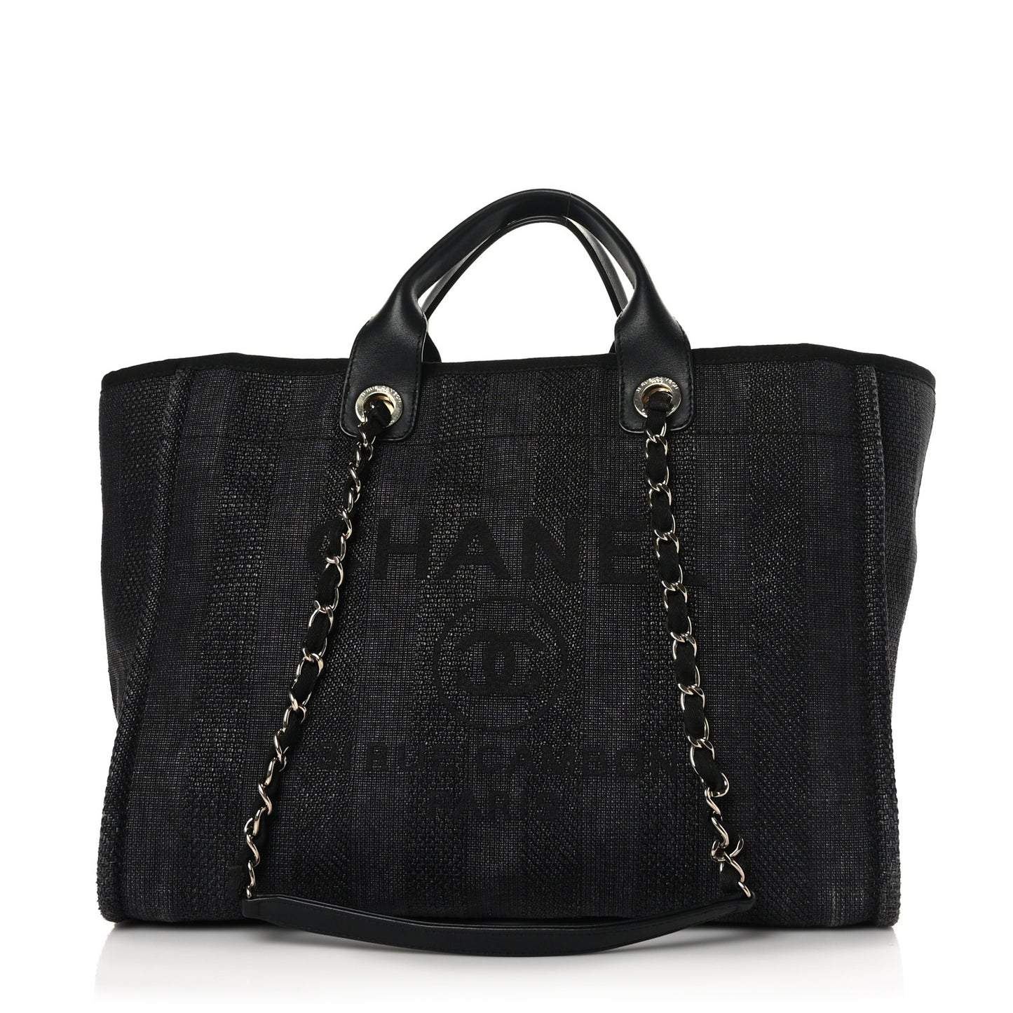 Mixed Fibers Calfskin Striped Medium Deauville Tote Black