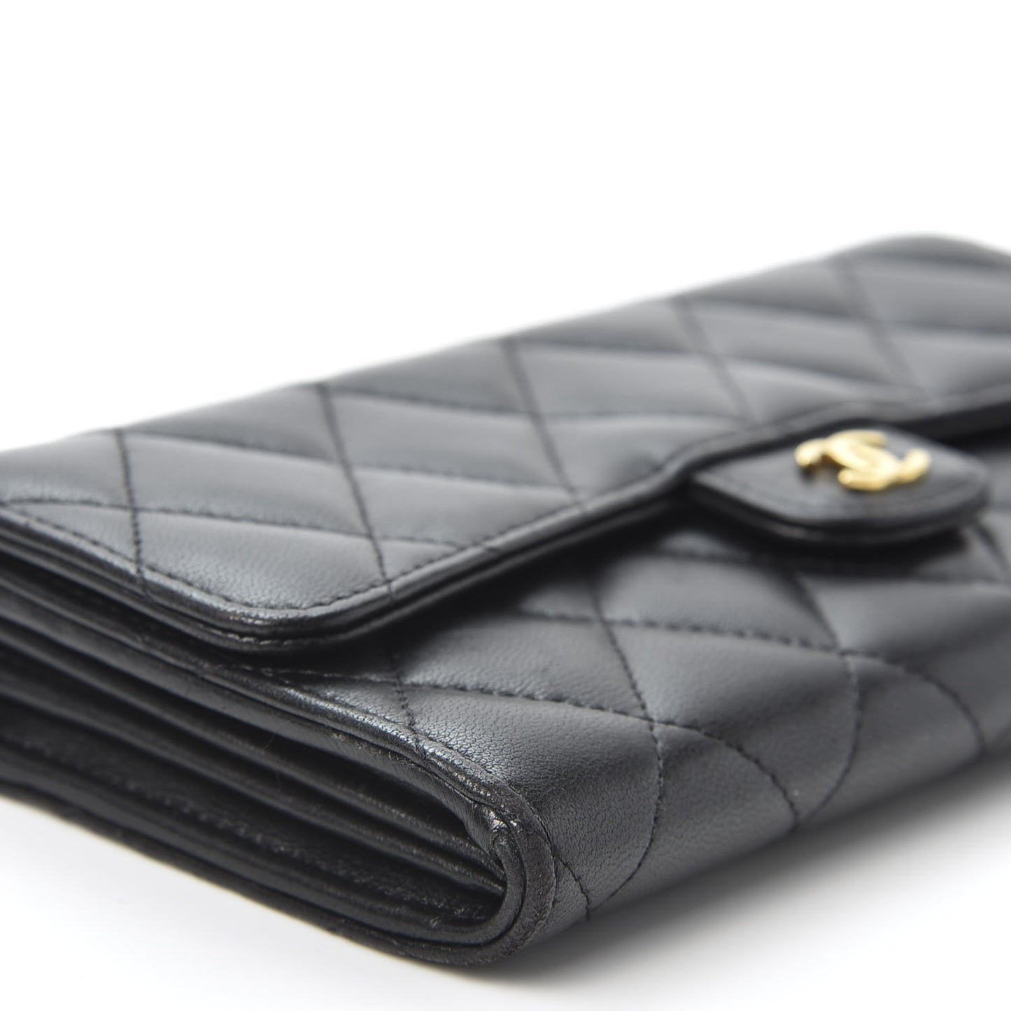 Lambskin Quilted Large Gusset Flap Wallet Black