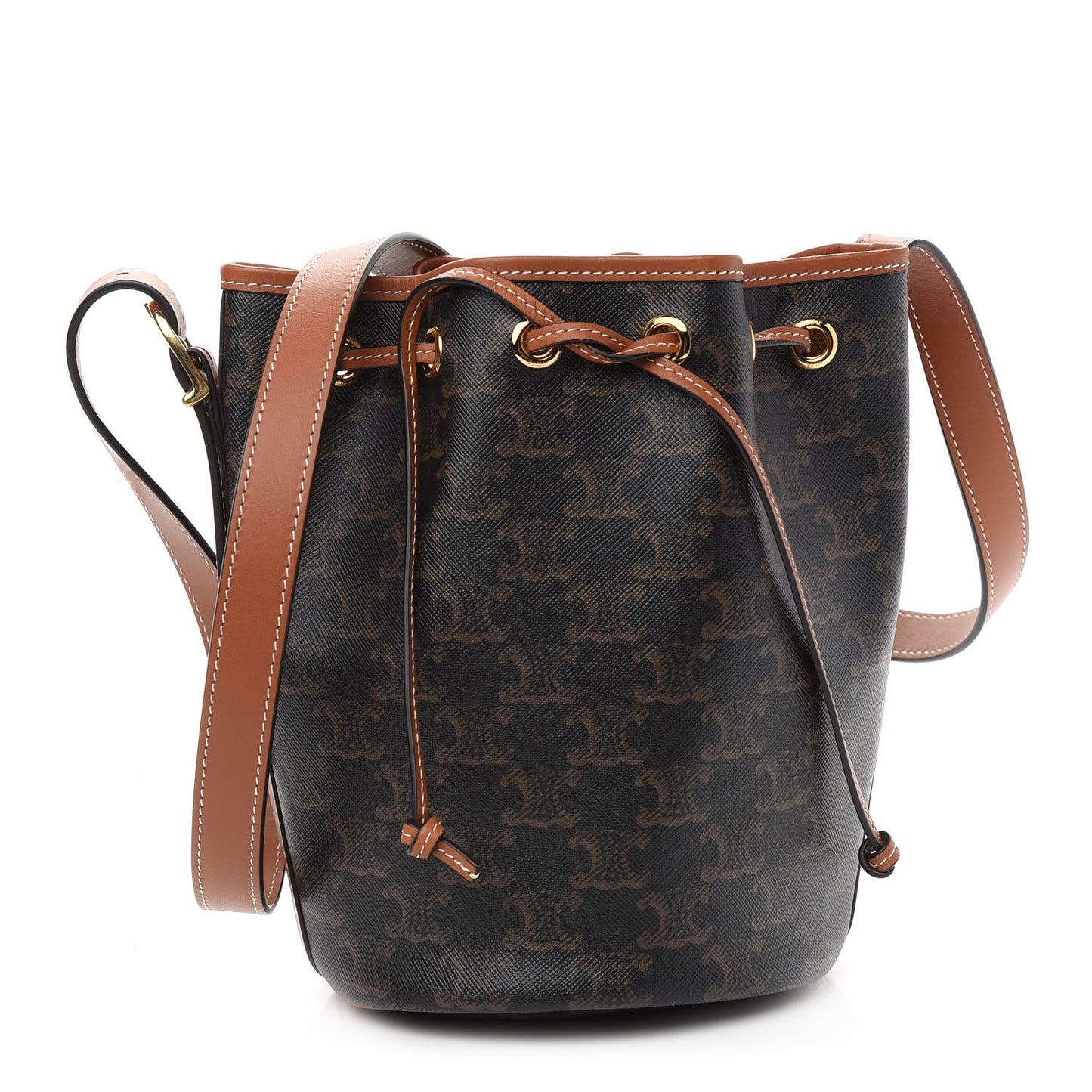 Triomphe Canvas Calfskin Small Drawstring Bucket Bag Tan