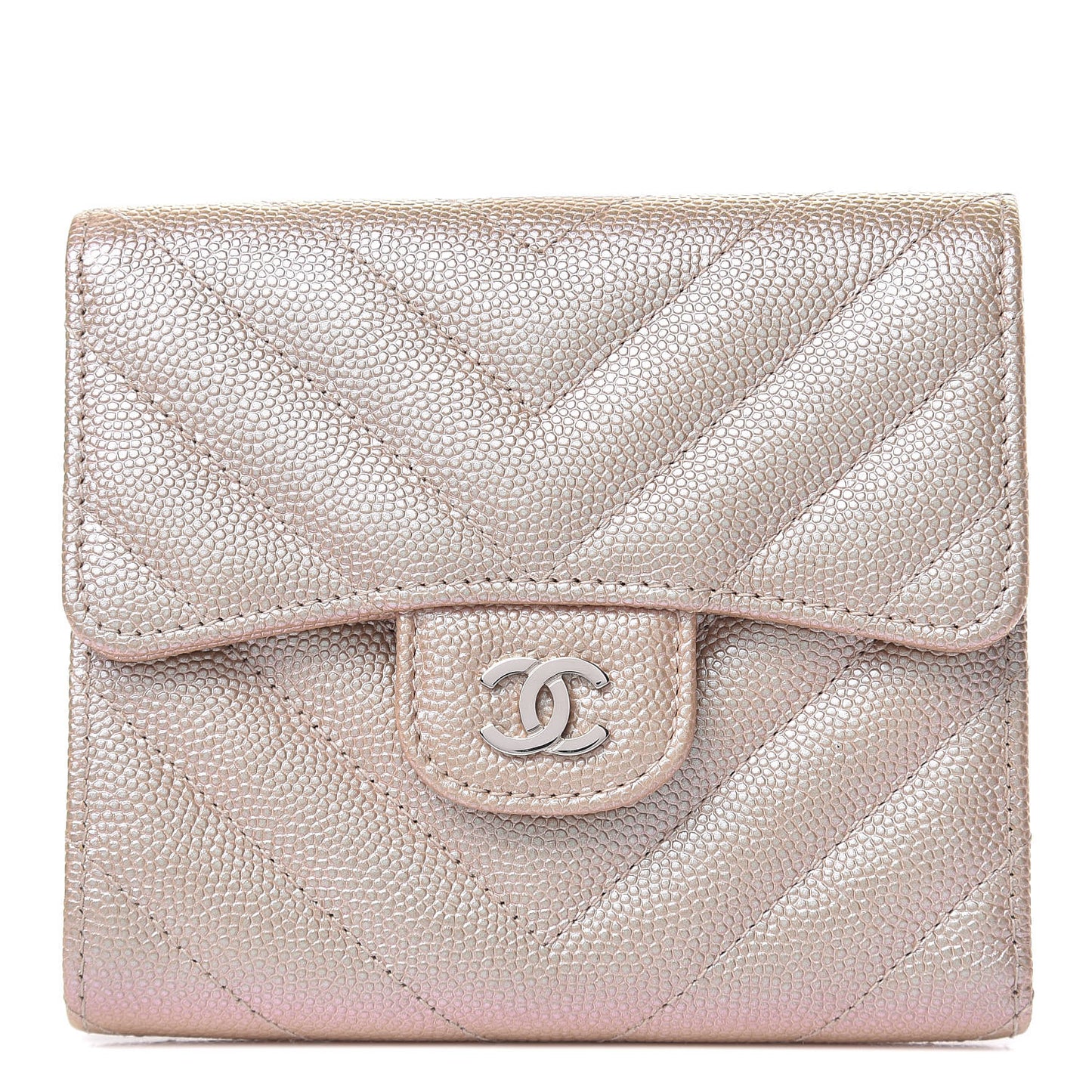 Metallic Caviar Chevron Quilted Compact Flap Wallet Light Gold