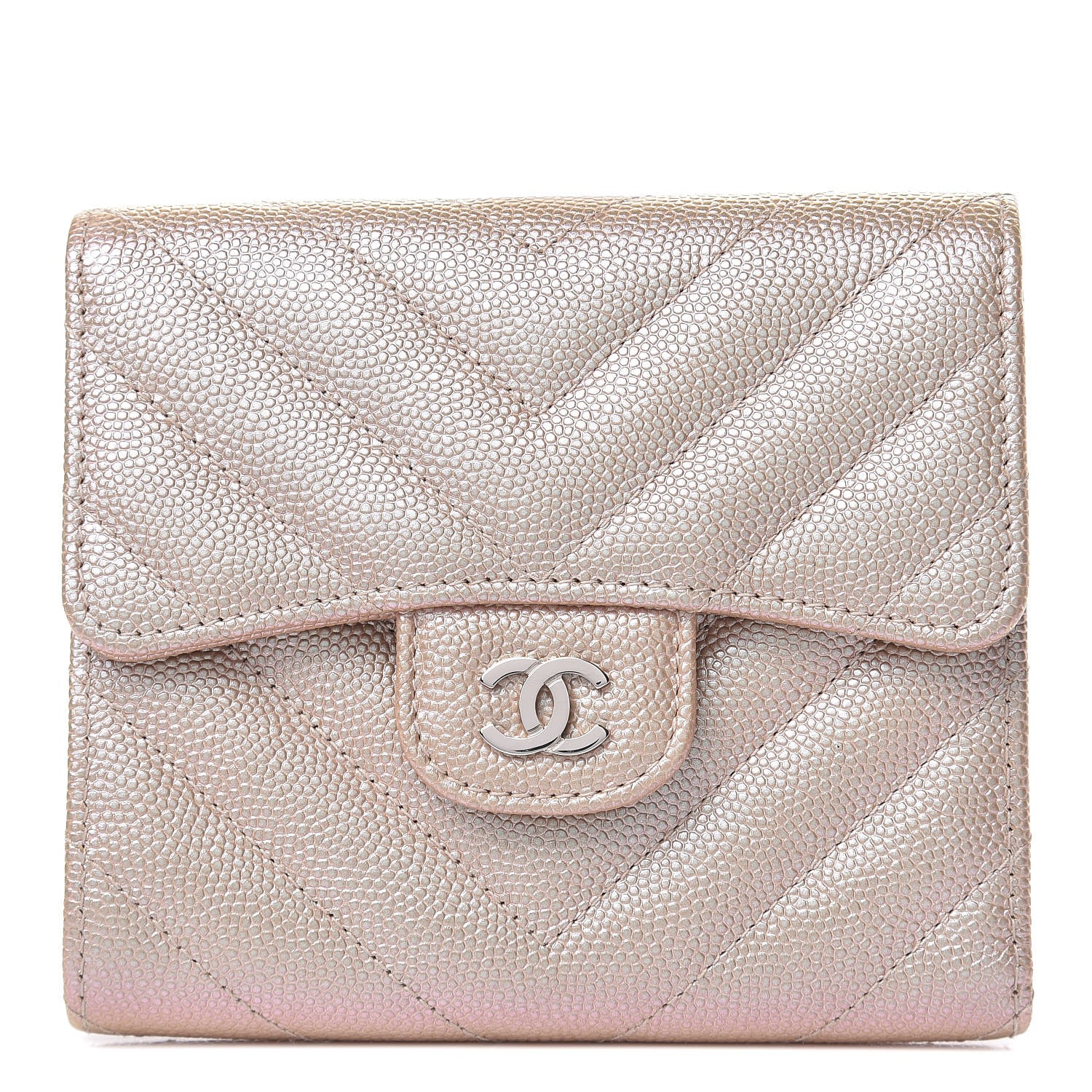 Chanel Metallic Caviar Chevron Quilted Compact Flap Wallet Light Gold 1 of 9