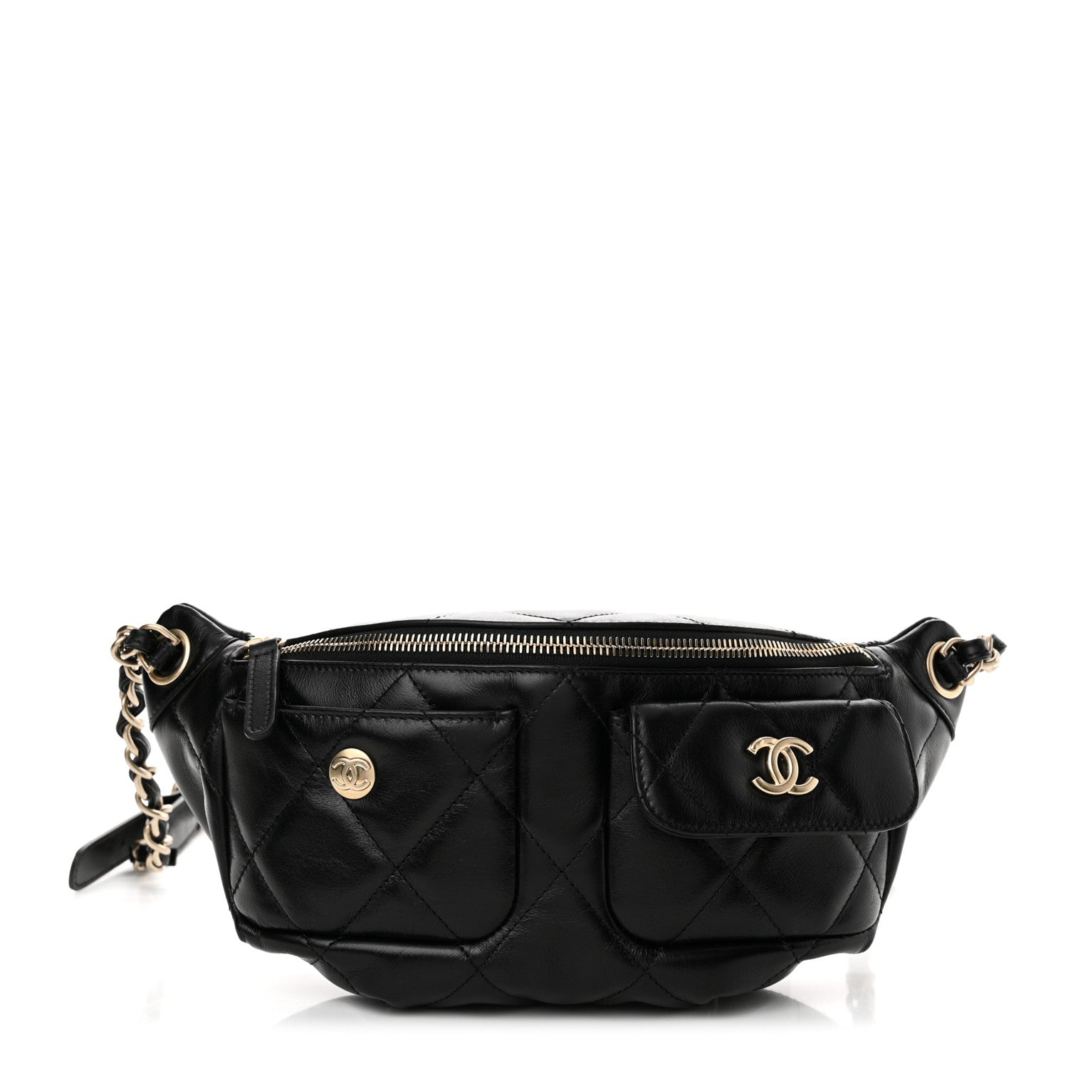 Chanel Shiny Aged Calfskin Quilted CC Pockets Jacket Waist Belt Bag Black 1 of 11