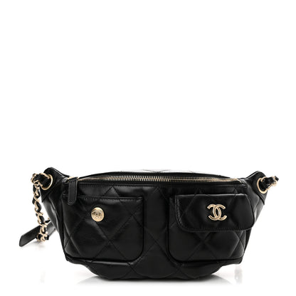 Chanel Shiny Aged Calfskin Quilted CC Pockets Jacket Waist Belt Bag Black 1 of 11