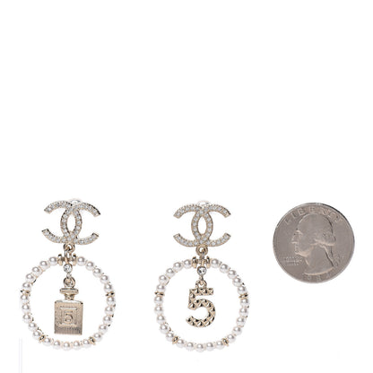 Chanel Crystal Pearl Charms CC Drop Earrings Gold 2 of 5
