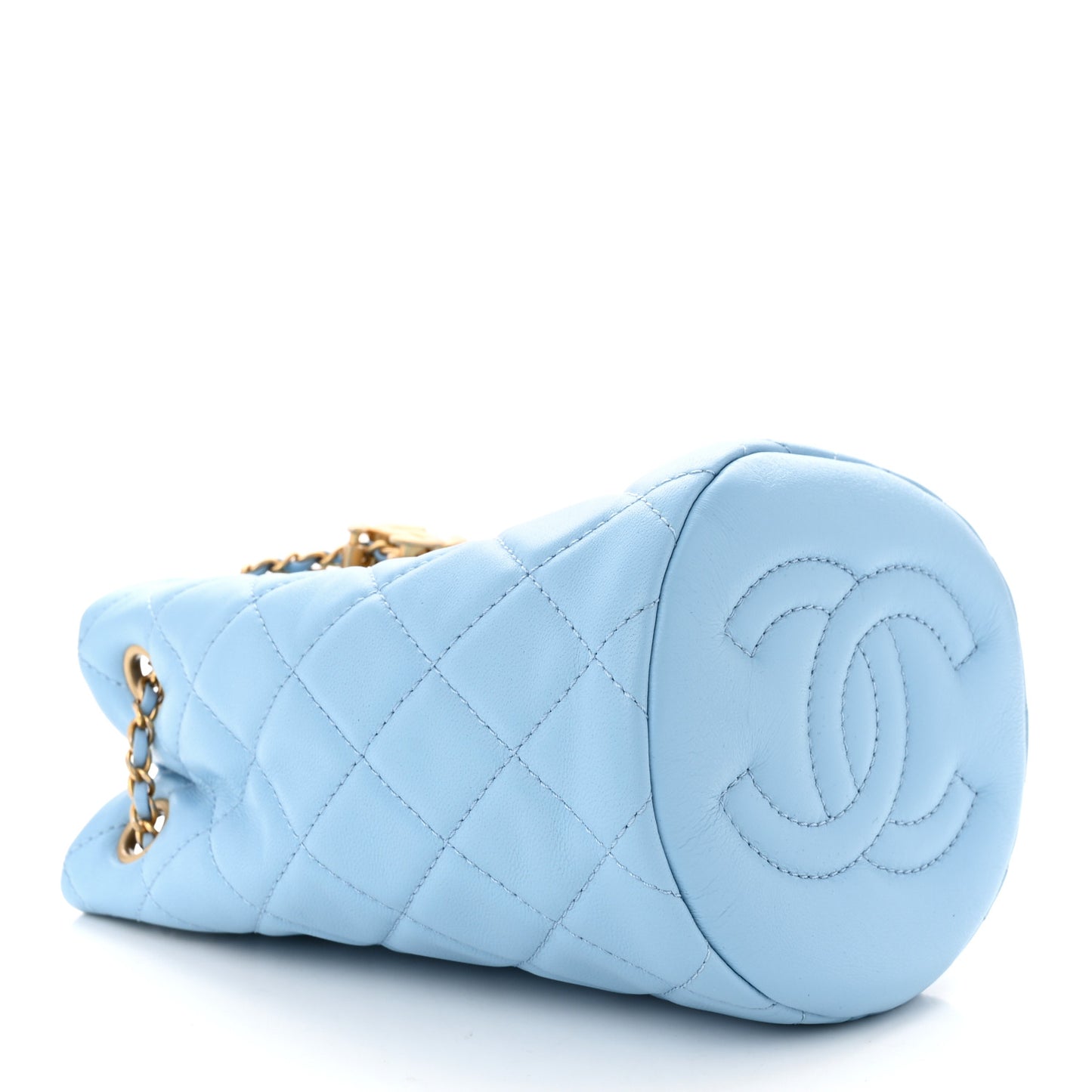 Lambskin Quilted Pearl Crush Drawstring Bag Light Blue