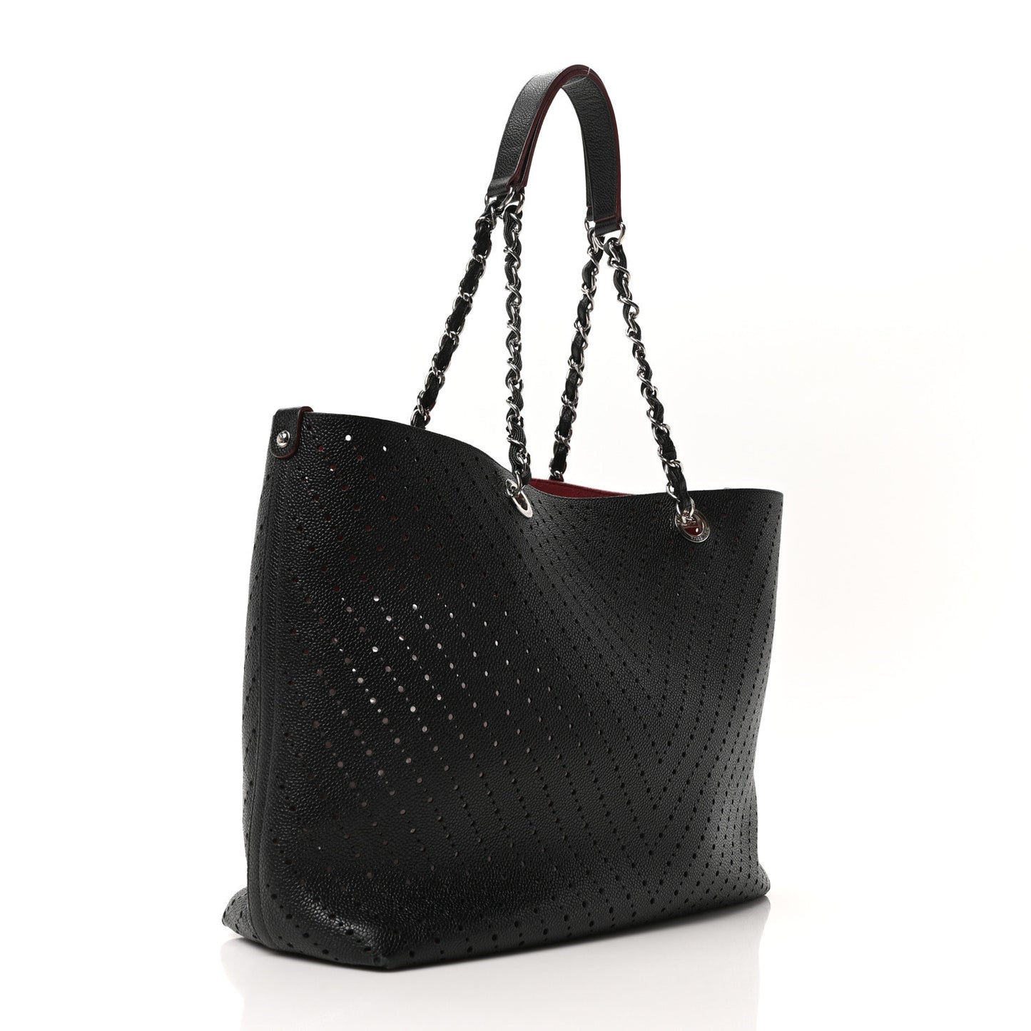 Perforated Grained Calfskin Large Shopping Tote Black
