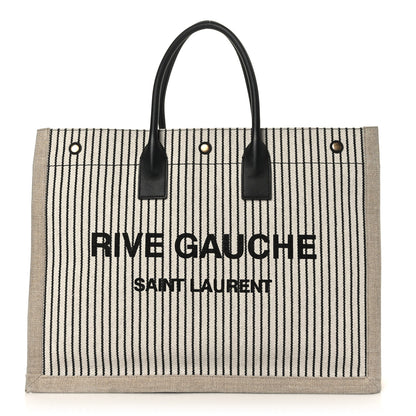 Saint Laurent Embroidered Cotton Linen Rive Gauche Noe Tote Natural Black 1 of 10