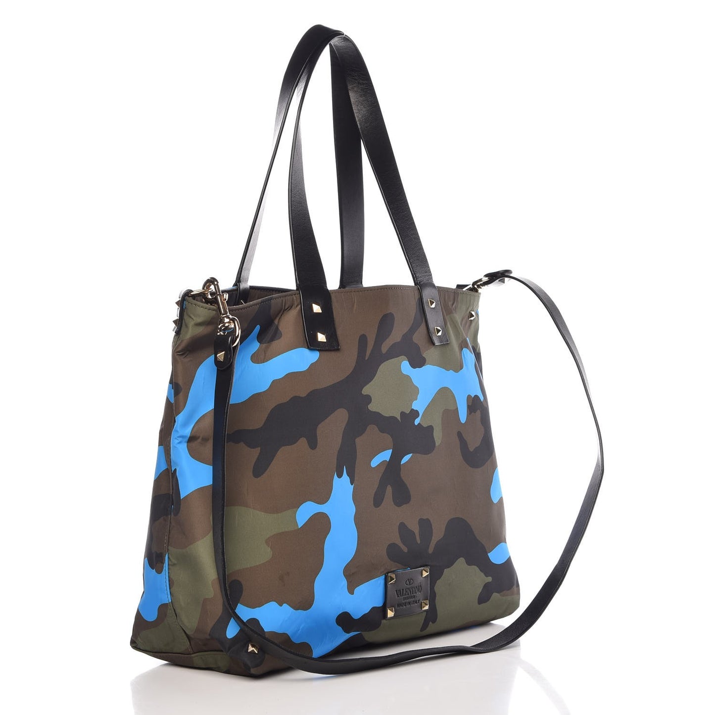 Nylon Camouflage Rockstud Reversible Tote Green Blue Fluo