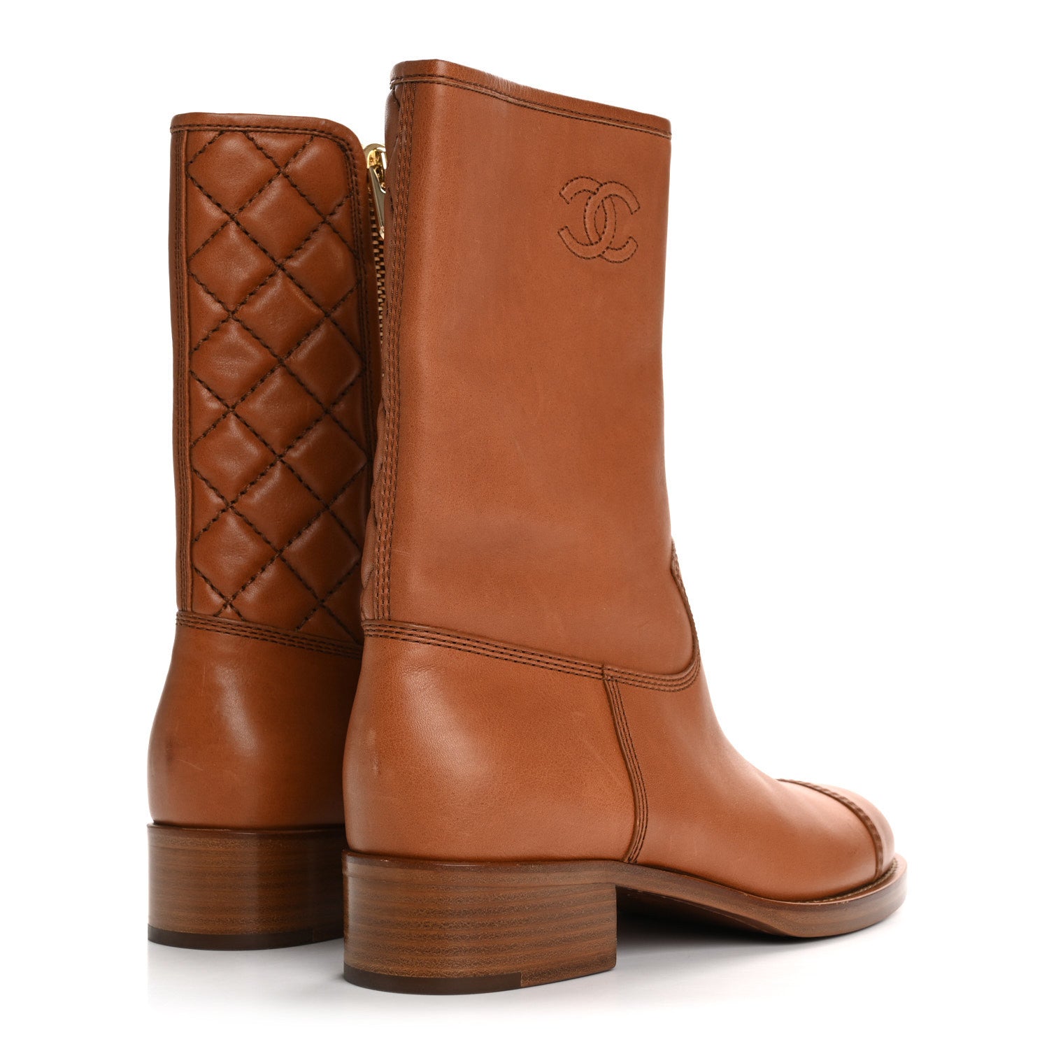 Chanel Calfskin CC Logo Mid Calf Boots 38.5 Caramel 5 of 13