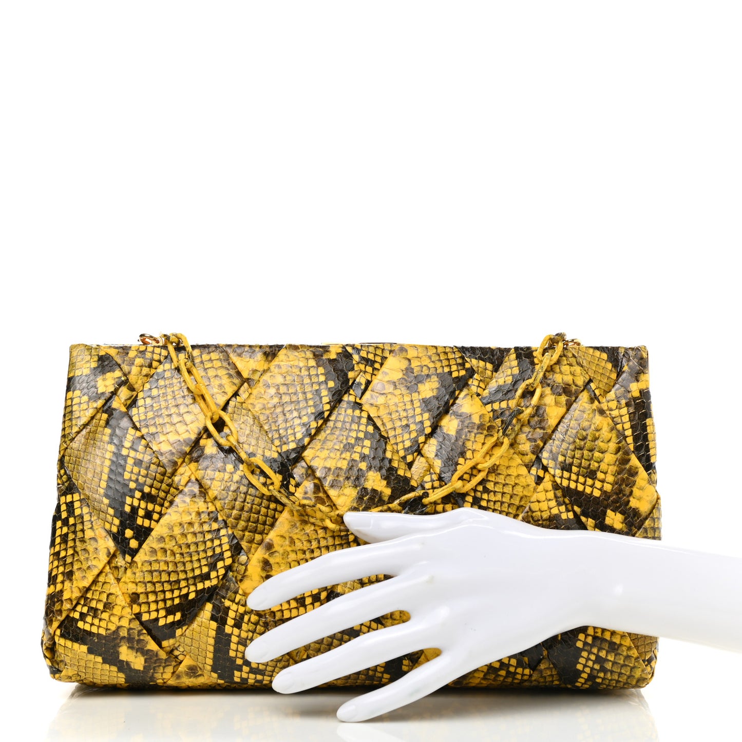 Snakeskin Woven Large Frame Chain Clutch Yellow