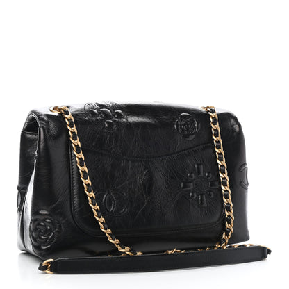 Chanel Aged Calfskin Embossed Camellia Flap Black 3 of 9
