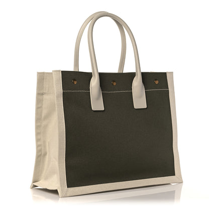 Saint Laurent Linen Calfskin Small Rive Gauche Tote Military Green Blanc Vintage 2 of 10