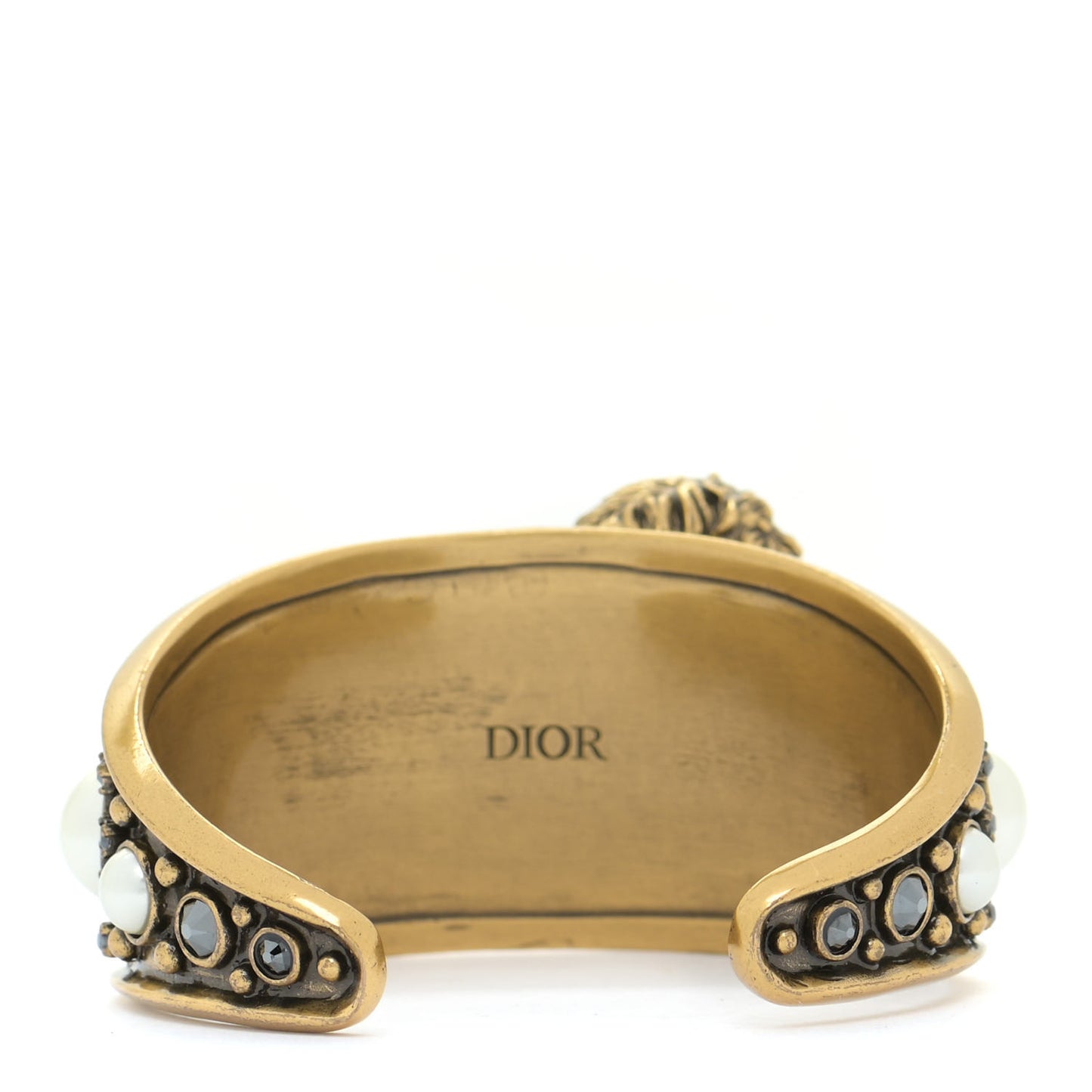 Metal Pearl Crystal Dior D-Wild Lion Cuff Antique Gold