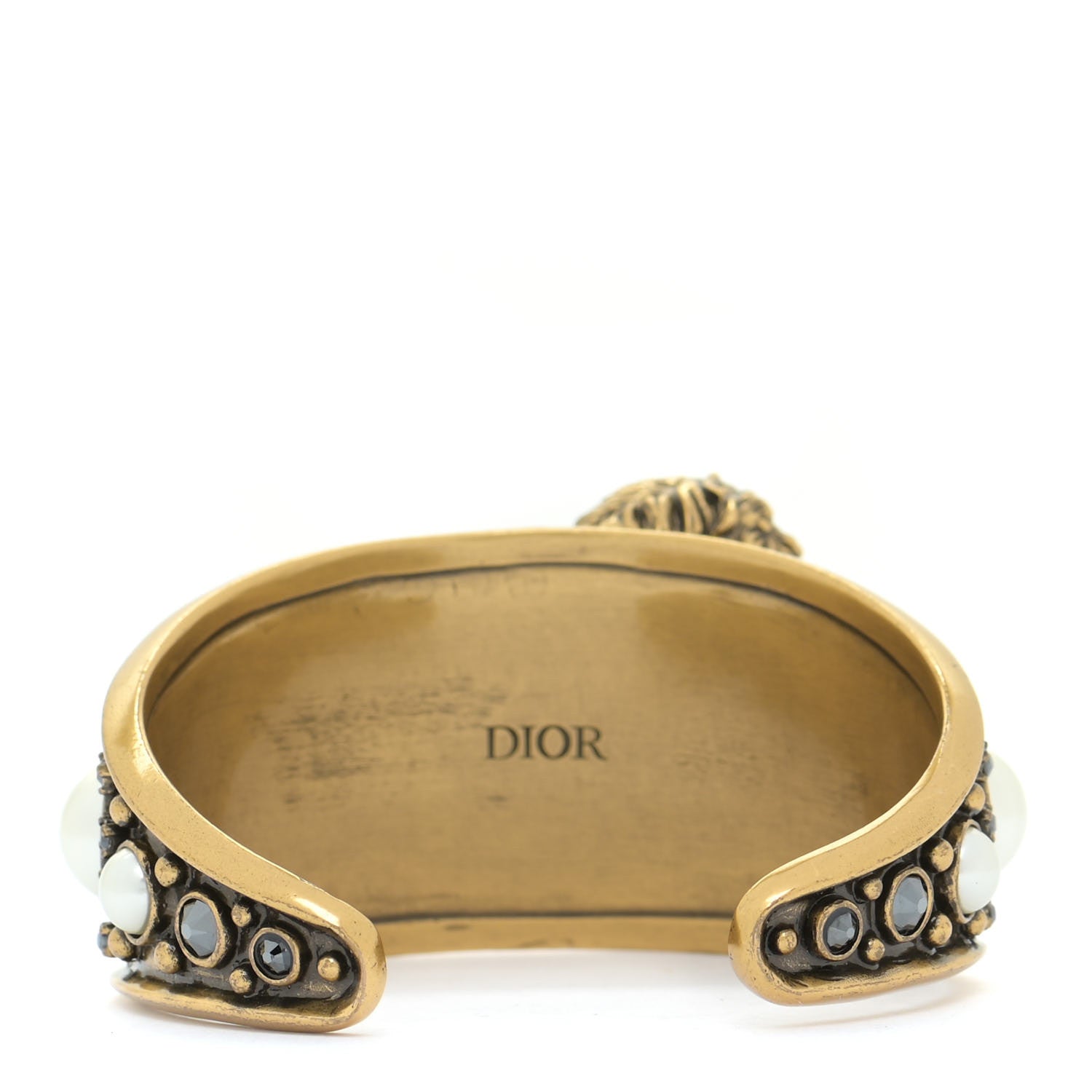 Christian Dior Metal Pearl Crystal Dior D-Wild Lion Cuff Antique Gold 3 of 5