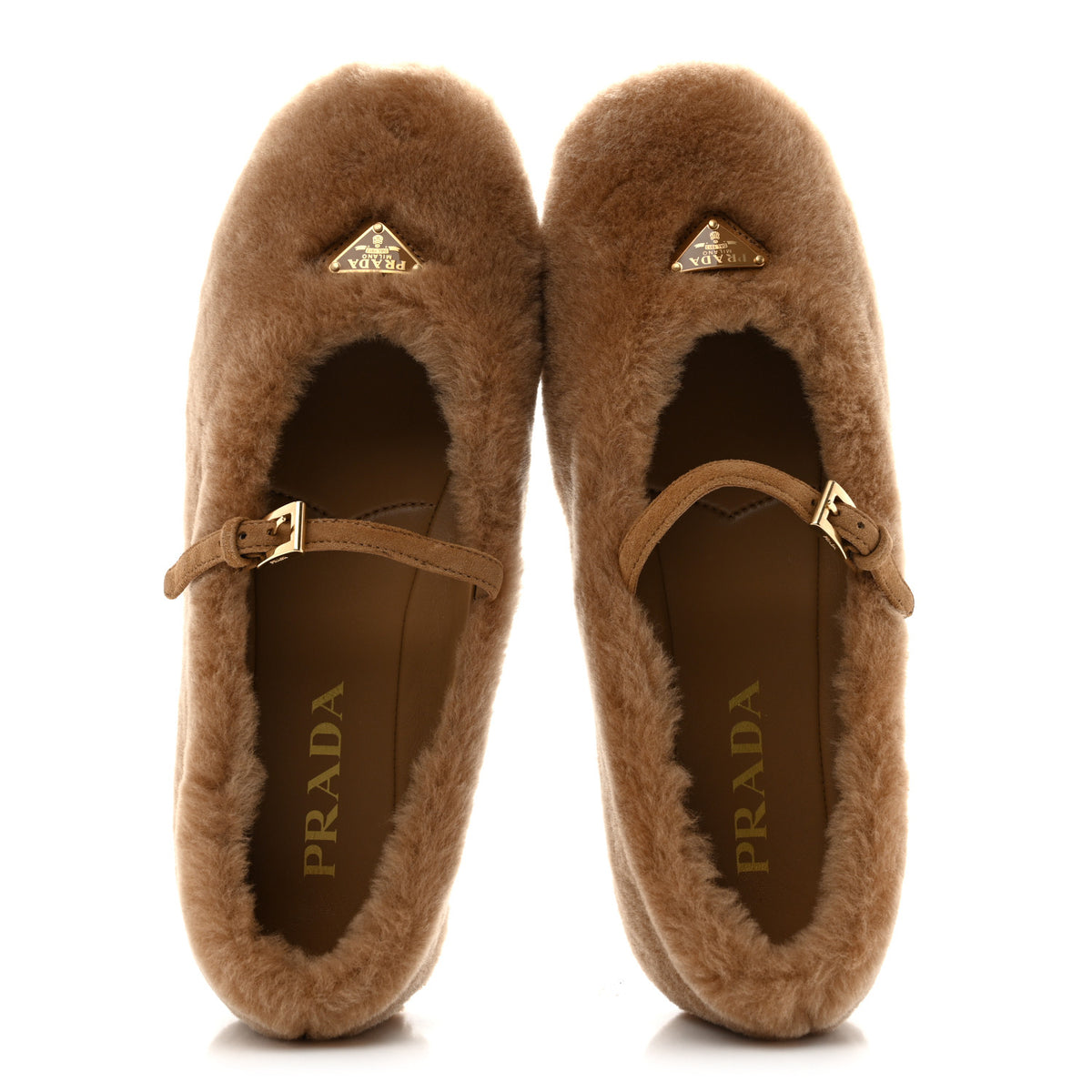 Prada Shearling Triangle Ballerina Flats 37 Caramel 2 of 9