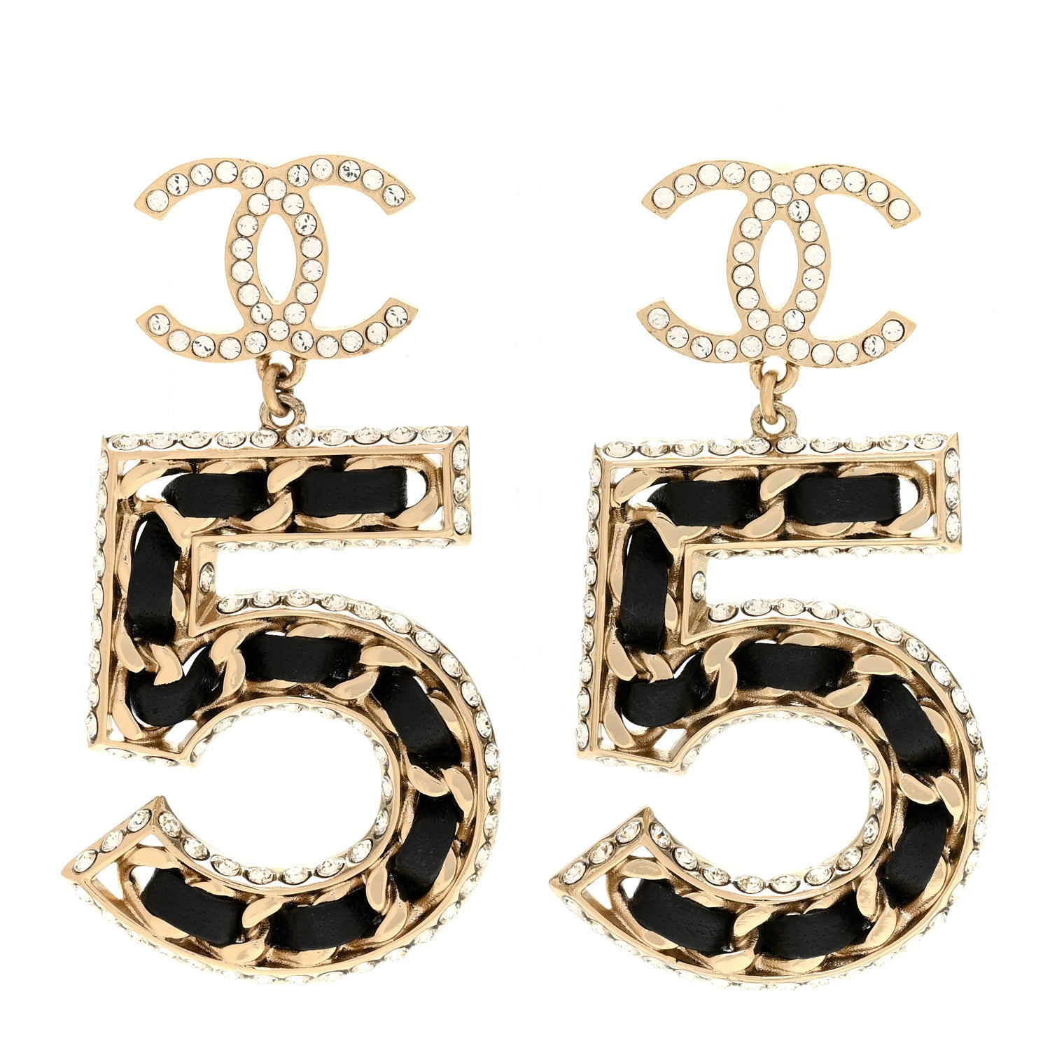 Chanel Crystal Lambskin Chain CC No 5 Drop Earrings Gold Black 1 of 4