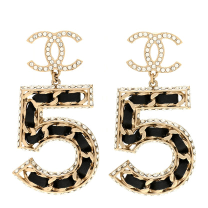 Chanel Crystal Lambskin Chain CC No 5 Drop Earrings Gold Black 1 of 4