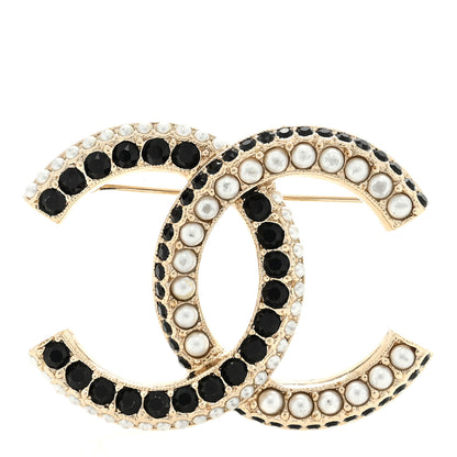 Chanel Metal Crystal Pearl CC Brooch Gold Black 1 of 3