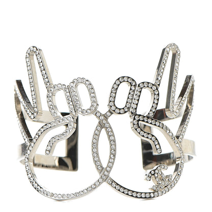 Chanel Crystal Peace Sign Emoji Bangle Bracelet Silver 1 of 6