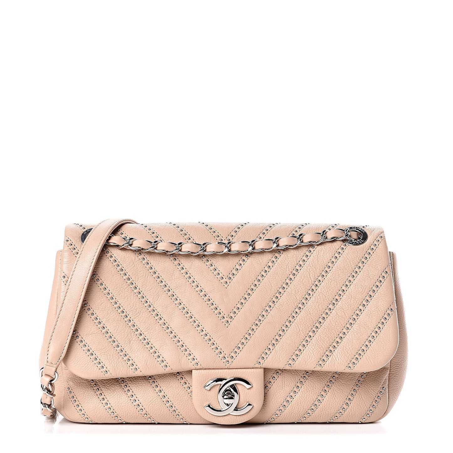 Calfskin Studded Chevron Quilted Medium Wars Flap Beige