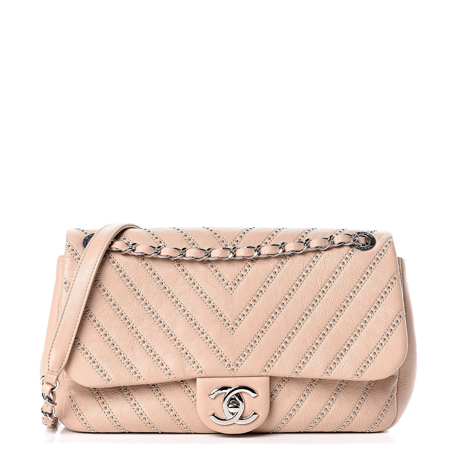 Chanel Calfskin Studded Chevron Quilted Medium Wars Flap Beige 1 of 10