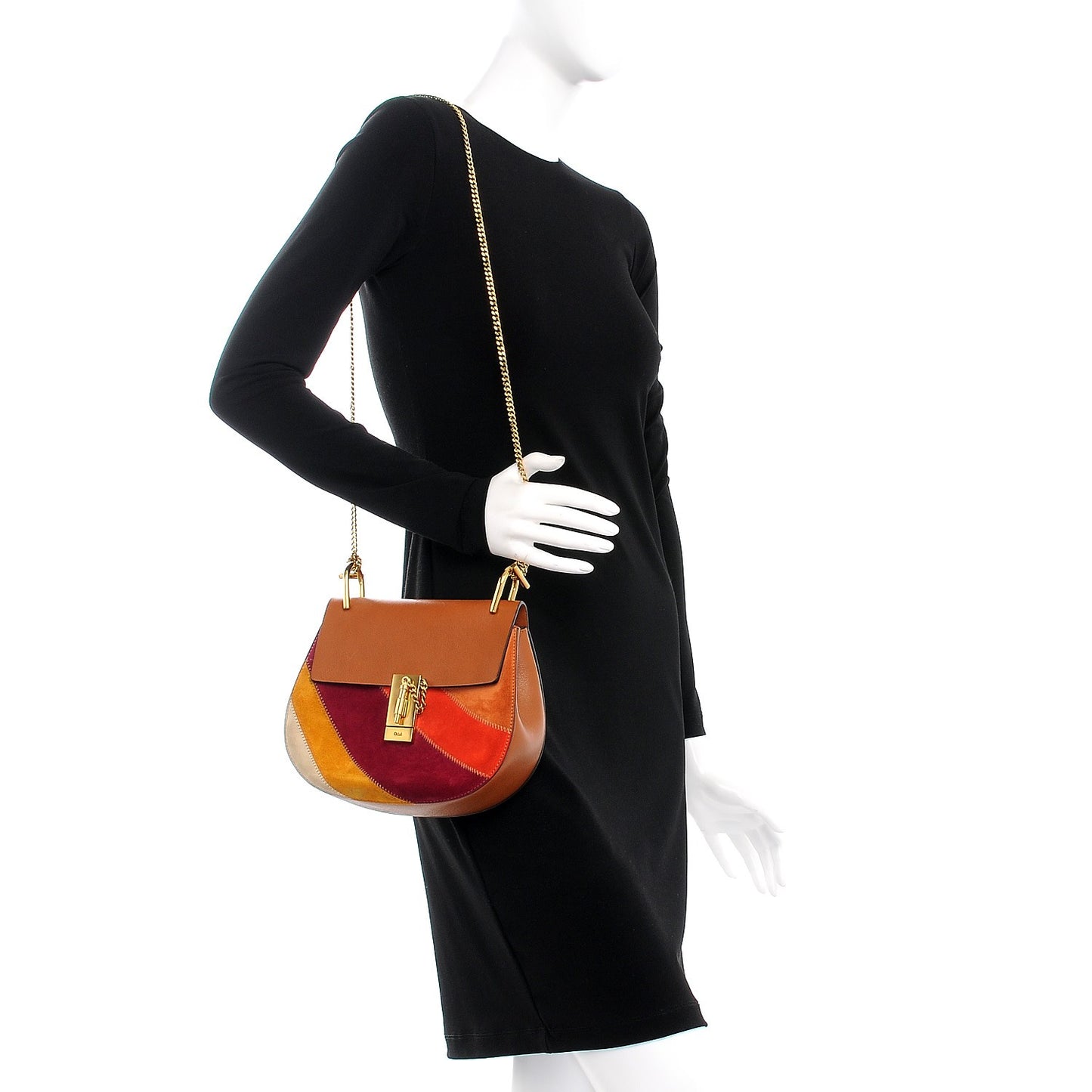 Calfskin Suede Rainbow Patchwork Drew Shoulder Bag Caramel