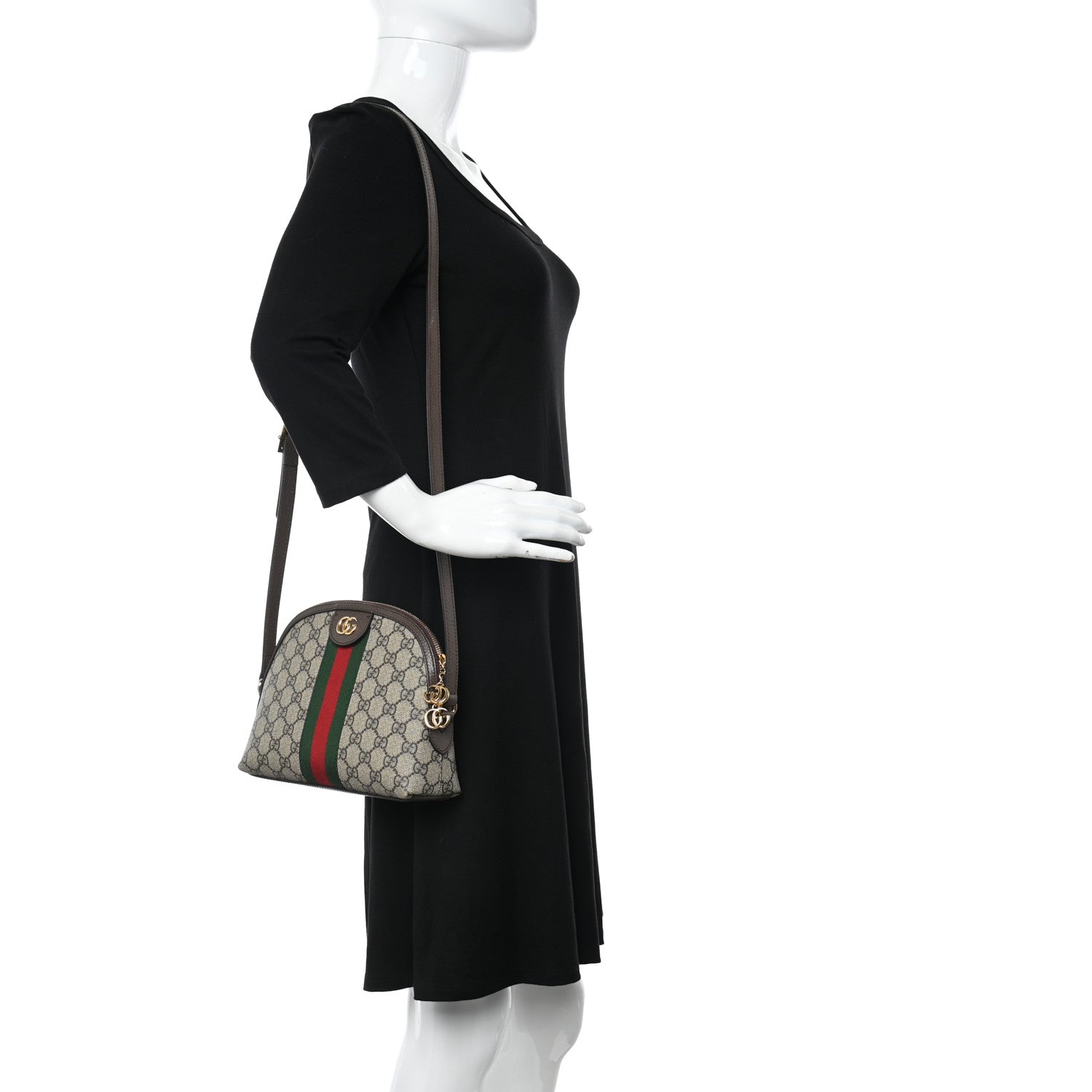 Gucci GG Supreme Monogram Textured Dollar Calfskin Web Small Ophidia Dome Shoulder Bag Beige Ebony New Acero 2 of 11