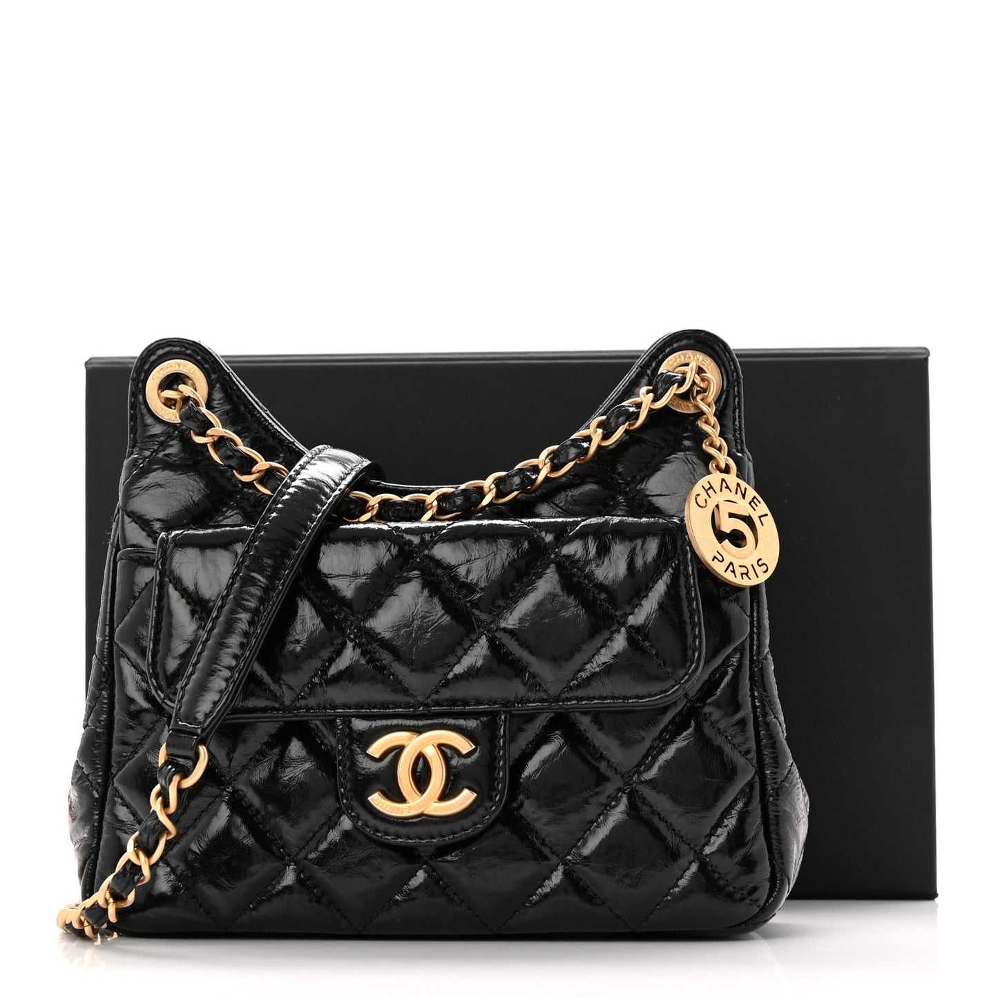 Shiny Crumpled Calfskin Quilted Small Wavy CC Hobo Black