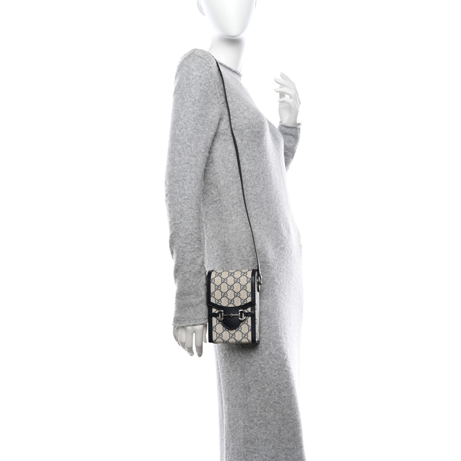 Gucci GG Supreme Monogram Textured Dollar Calfskin Mini Horsebit 1955 Crossbody Bag Beige Blue 2 of 13