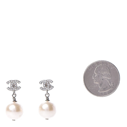 Chanel Crystal Pearl CC Drop Earrings Silver Pearly White 2 of 5