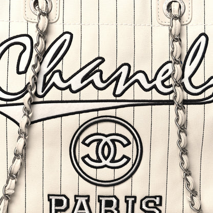 Chanel Canvas Calfskin Striped Medium Deauville Tote White Black 9 of 12