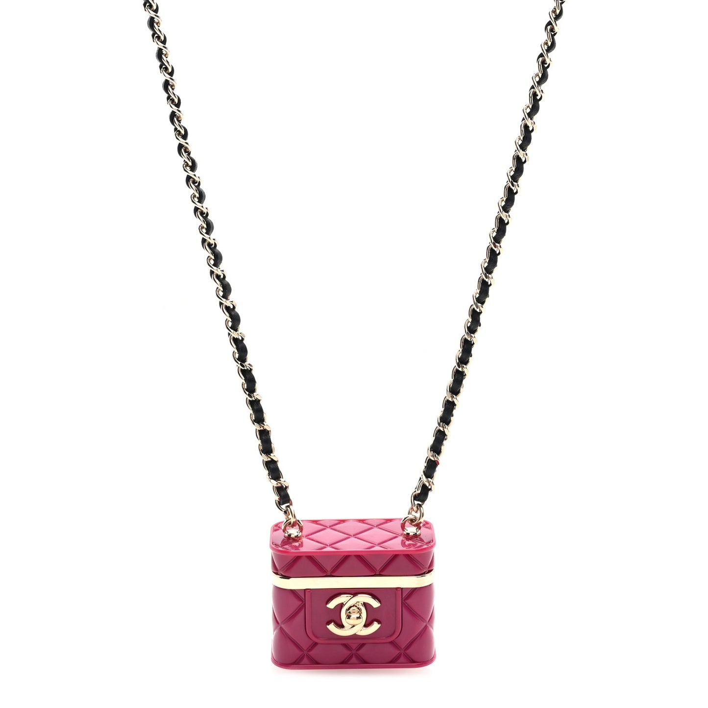 Metal Lambskin Resin Quilted CC Mini Vanity Necklace Gold Black Fuchsia