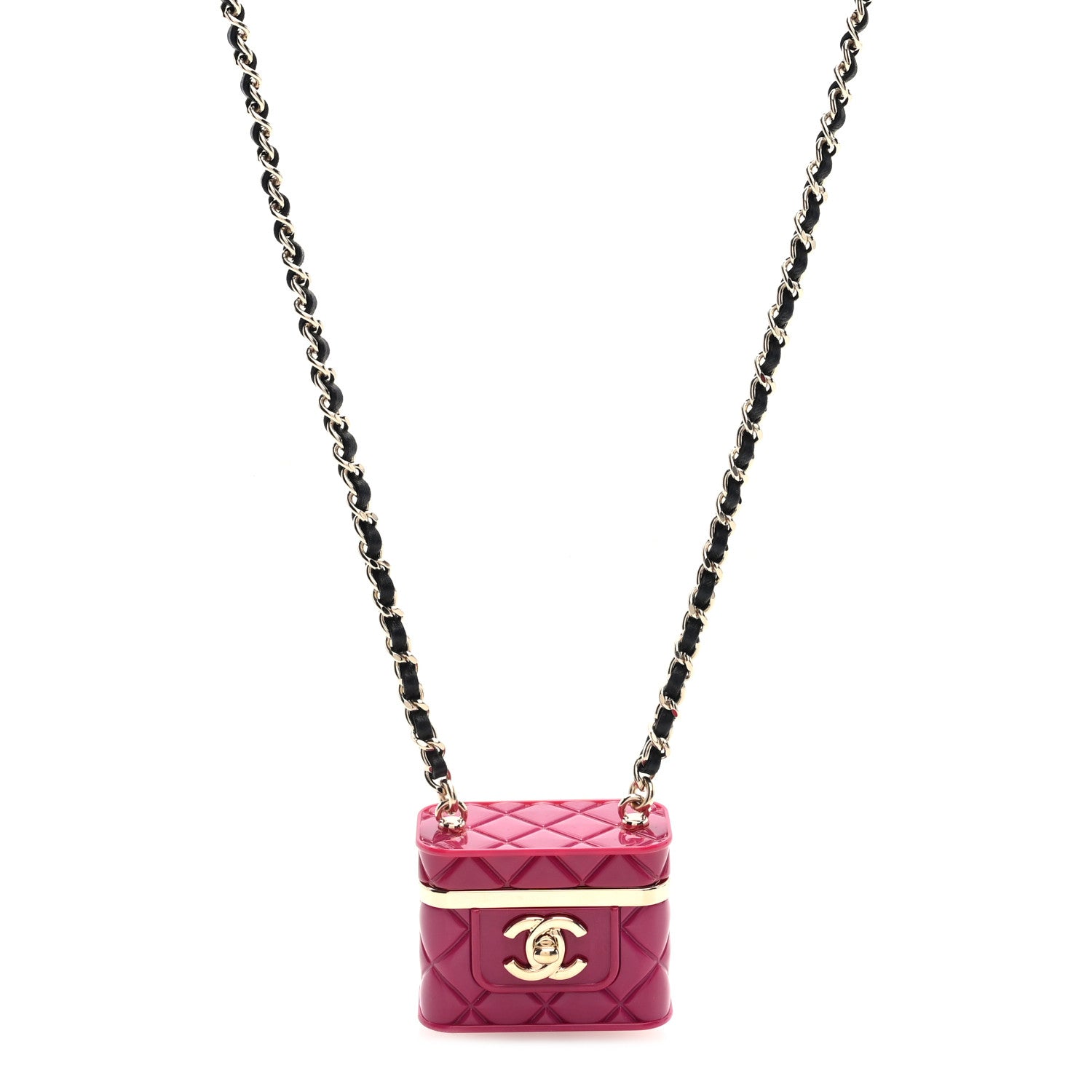Chanel Metal Lambskin Resin Quilted CC Mini Vanity Necklace Gold Black Fuchsia 1 of 6