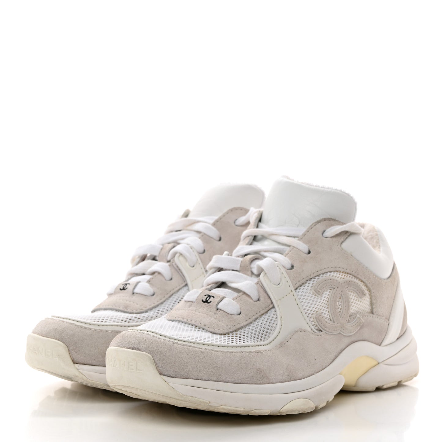 Mesh Suede Calfskin Grained Calfskin Womens CC Sneakers 39 White Grey