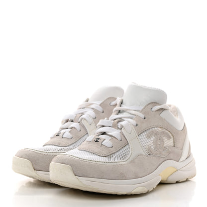Chanel Mesh Suede Calfskin Grained Calfskin Womens CC Sneakers 39 White Grey 3 of 8