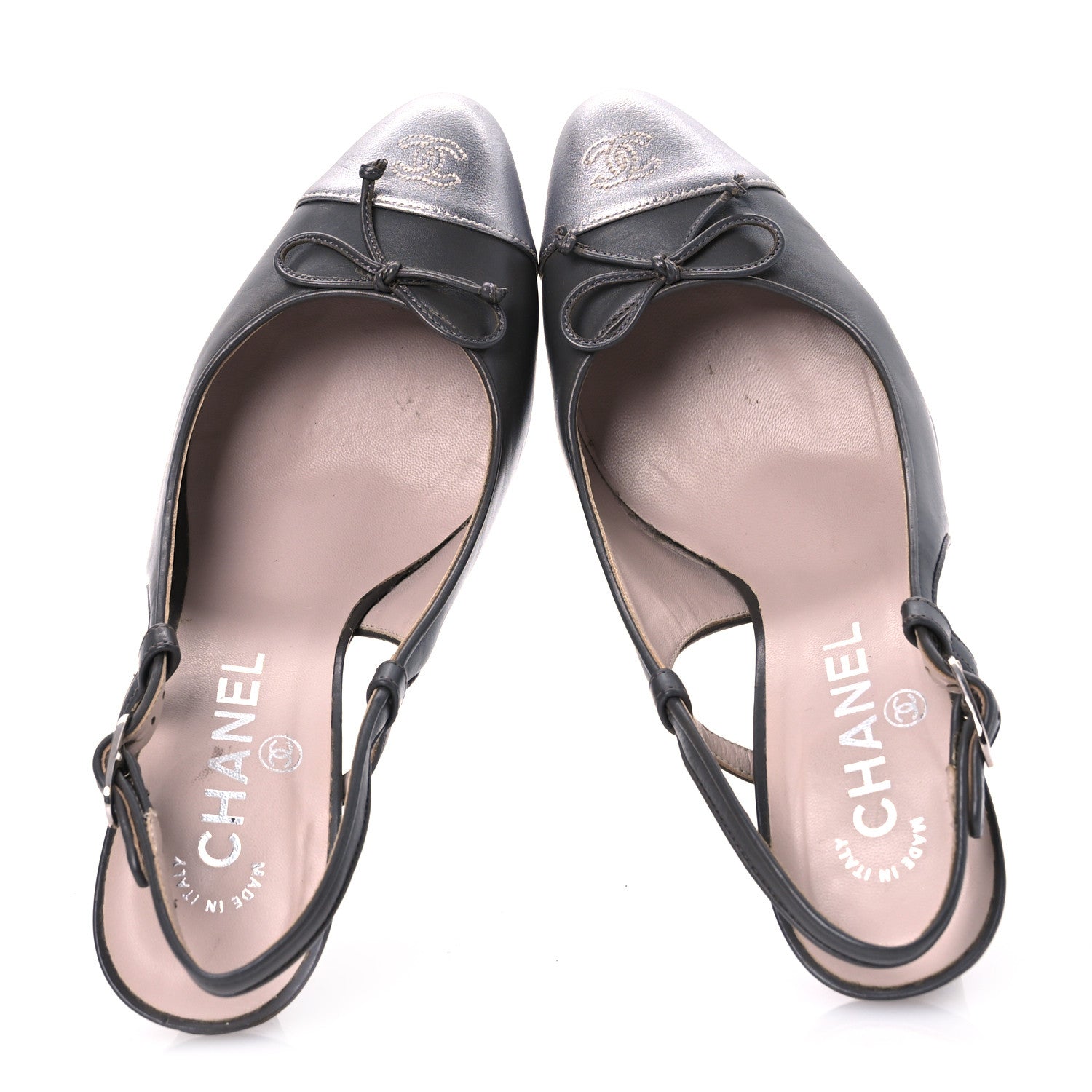 Chanel Metallic Lambskin Cap Toe CC Slingback Heels 36.5 Khaki Silver 2 of 15