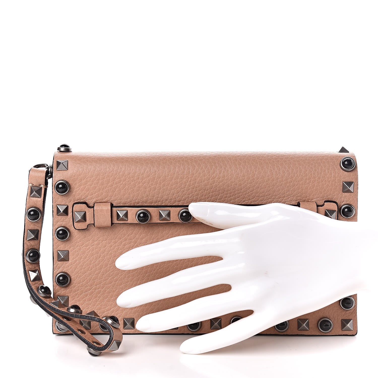 Valentino Garavani Pebbled Calfskin Onyx Small Rockstud Rolling Wristlet Clutch Soft Noisette 2 of 6