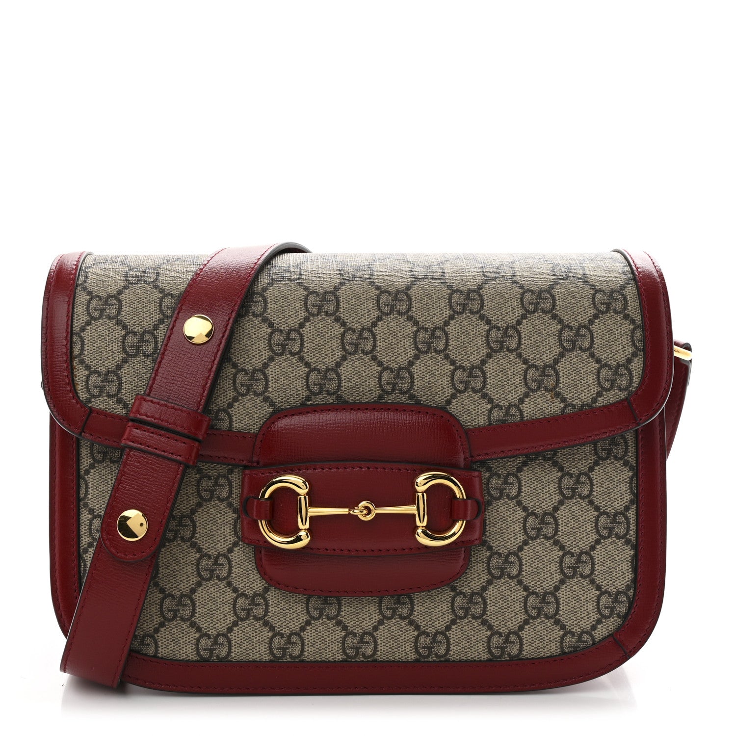 Gucci GG Supreme Monogram Azalea Calfskin Horsebit 1955 Shoulder Bag Beige Ebony New Cherry Red 1 of 10