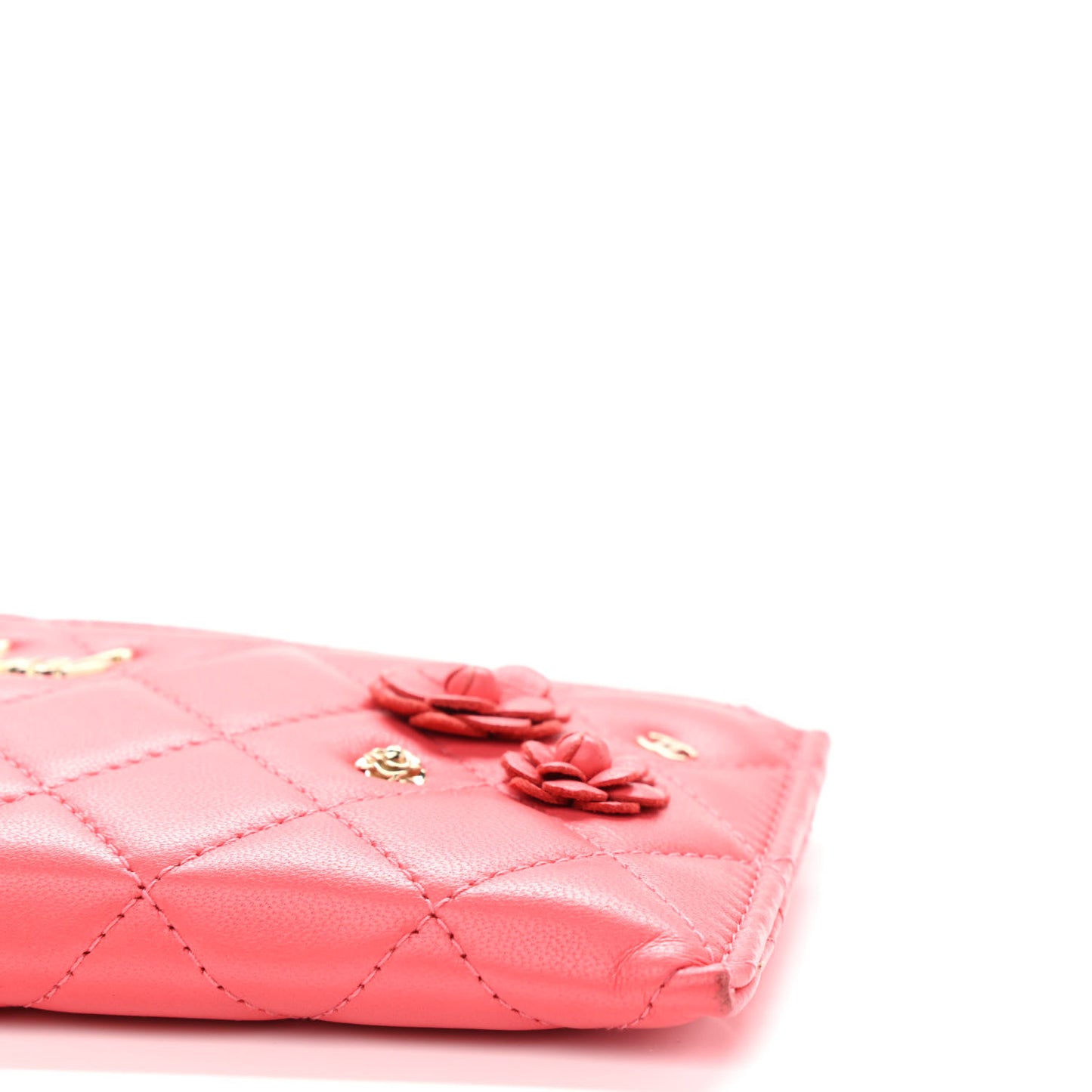 Lambskin Quilted Camellia Pouch With Handle Red