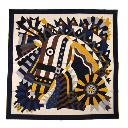 Hermes Cashmere Silk Cheval De Fete Shawl 140 Naturel Marine Moutarde 1 of 5