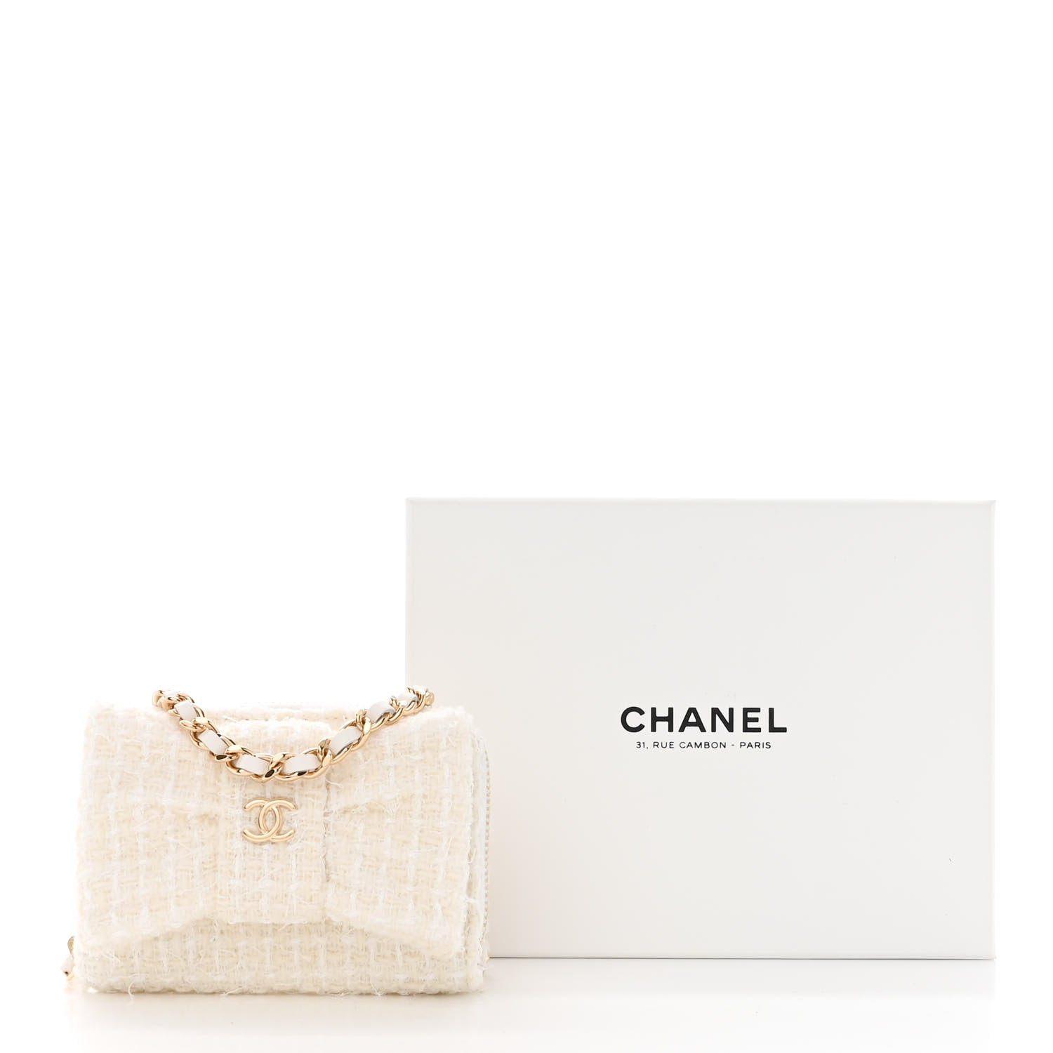 Chanel Tweed Quilted Bow Flap Card Holder On Chain White 12 of 12