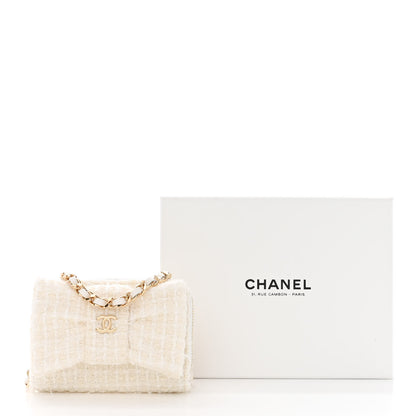 Chanel Tweed Quilted Bow Flap Card Holder On Chain White 12 of 12