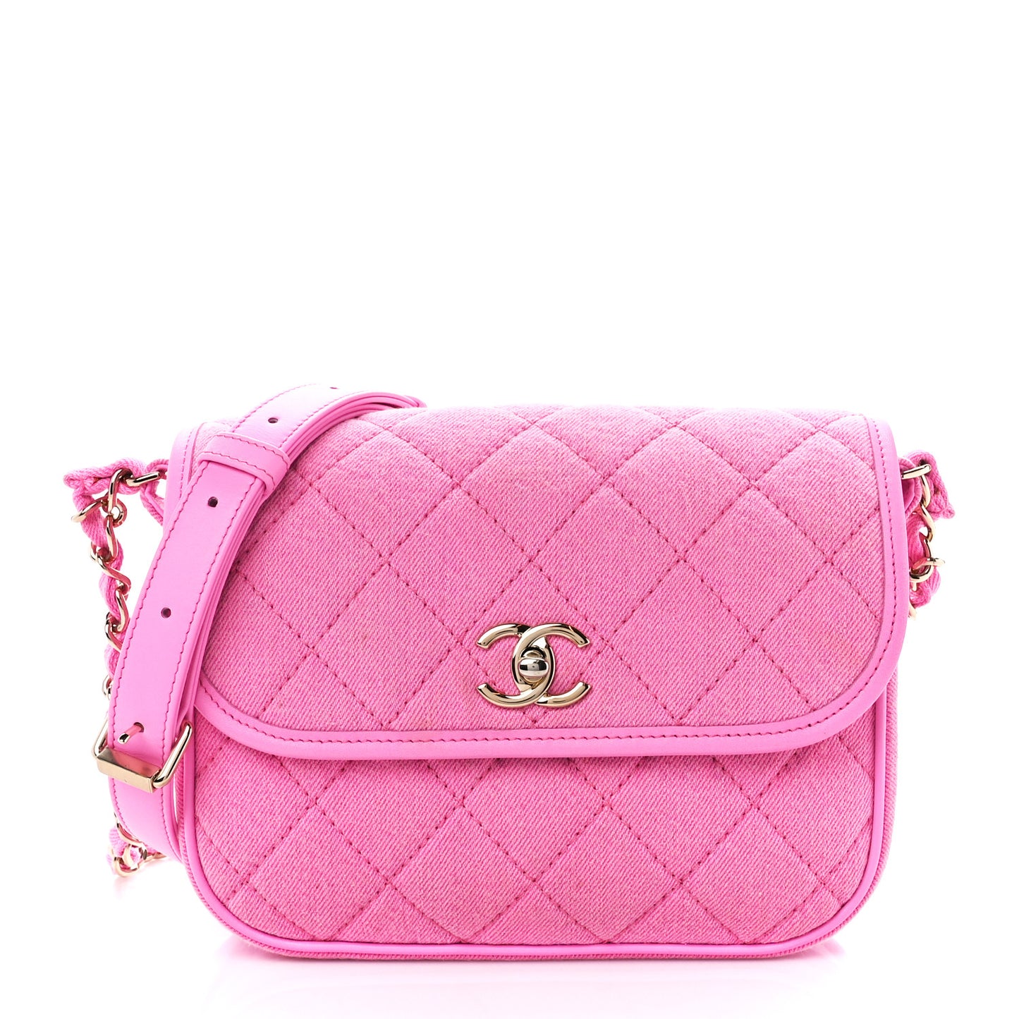 Denim Quilted Small Messenger Flap Neon Pink