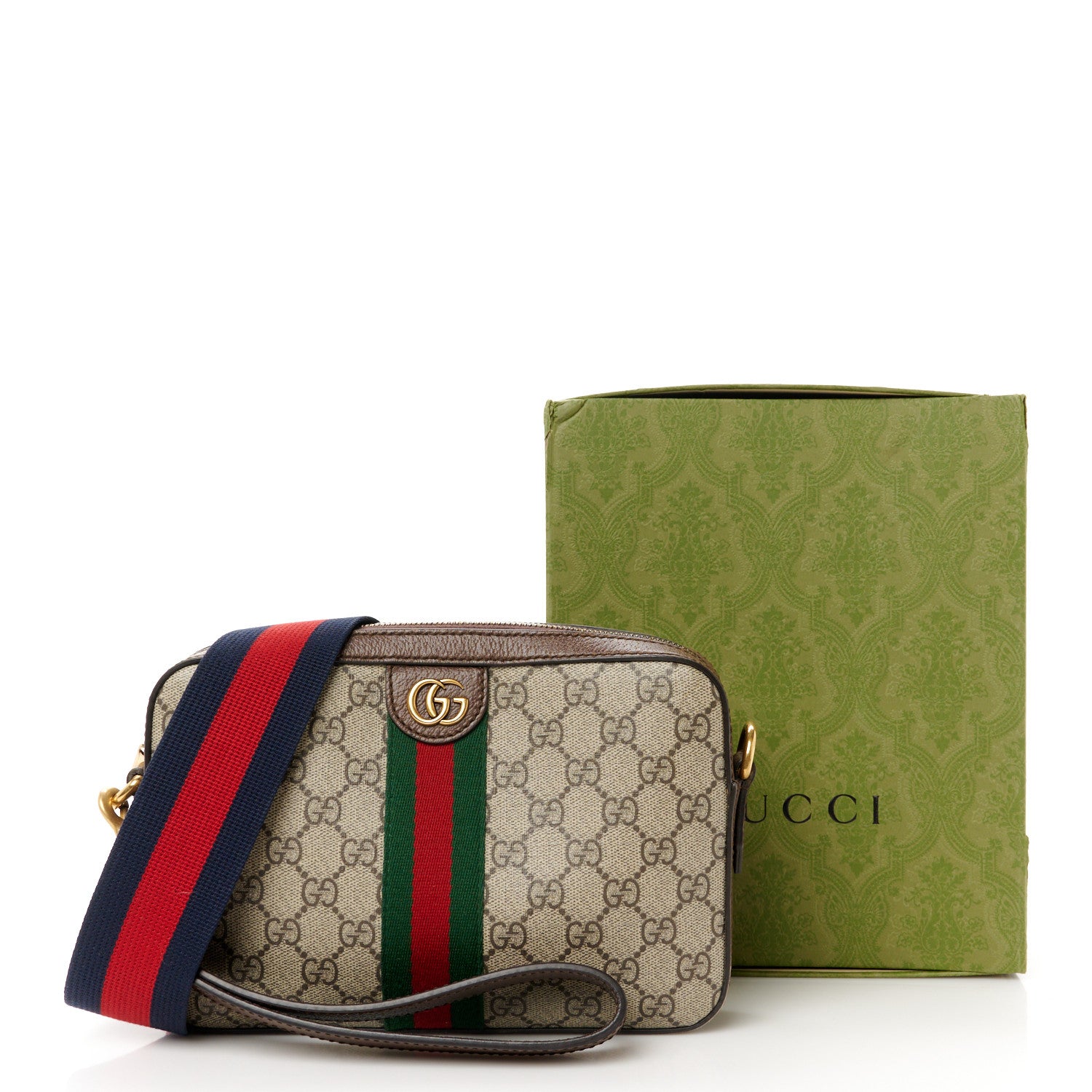 Gucci GG Supreme Monogram Textured Dollar Calfskin Web Ophidia Wristlet Shoulder Bag Beige Ebony New Acero 14 of 14