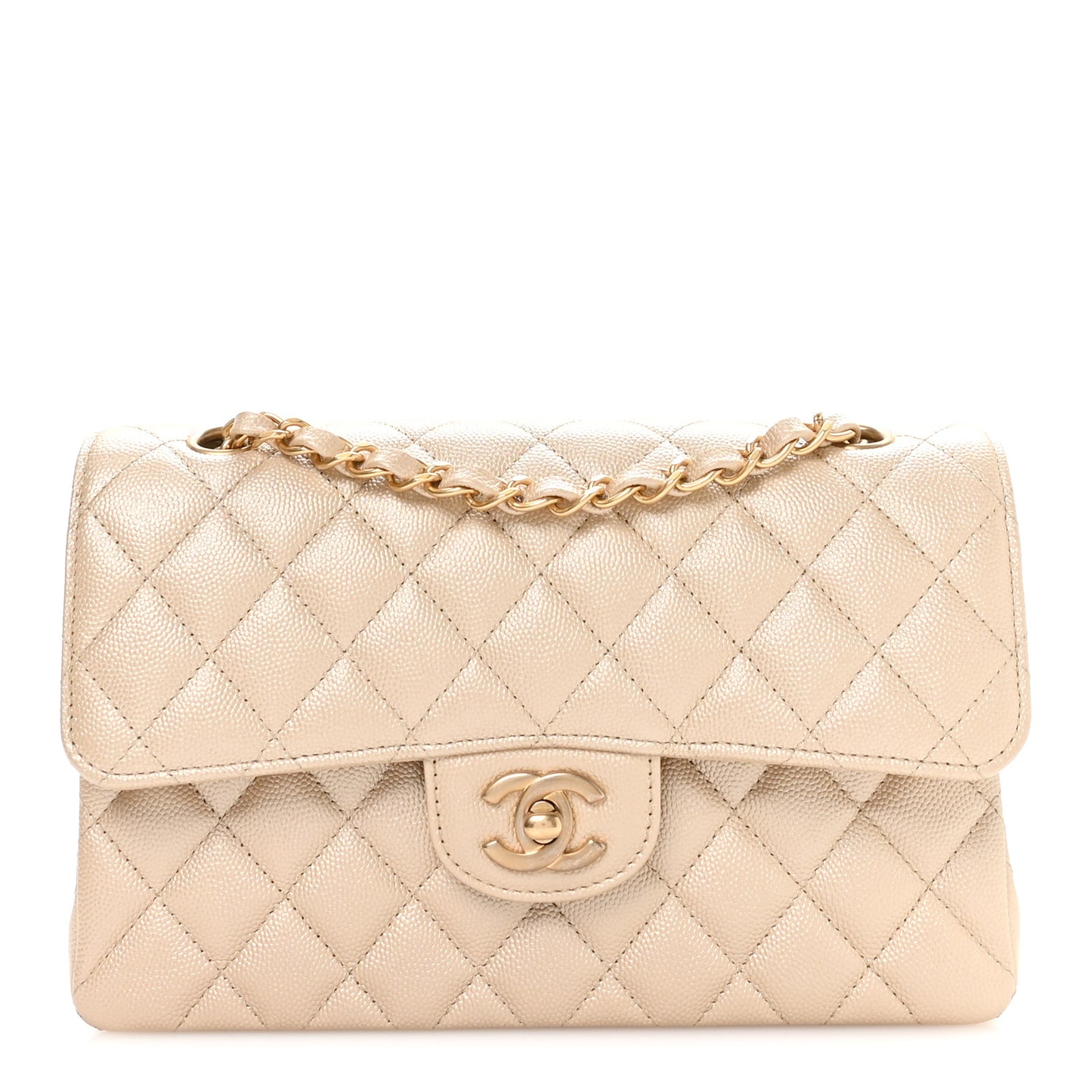 Metallic Caviar Quilted Small Double Flap Beige