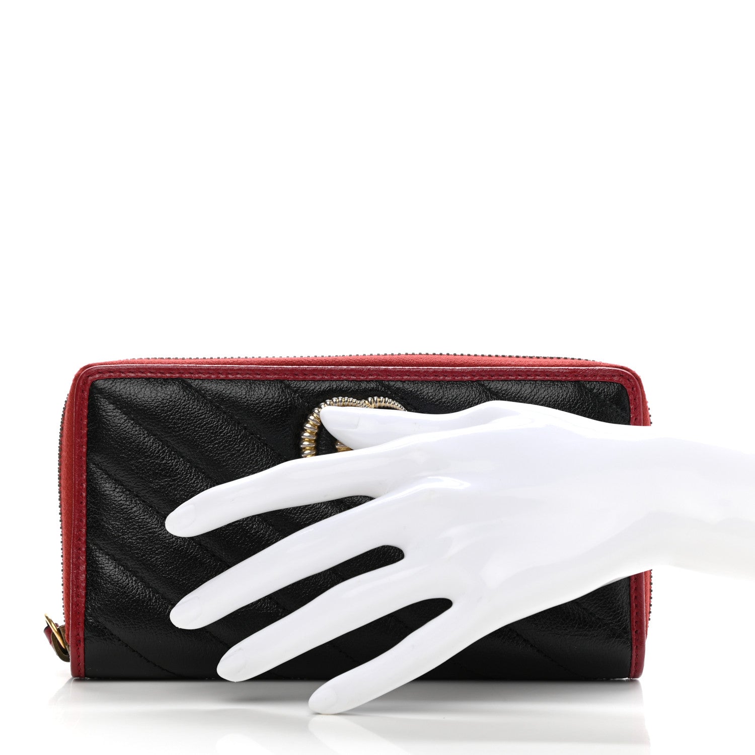 Gucci Vintage Effect Calfskin Matelasse Diagonal Torchon GG Marmont Zip Around Wallet Black Romantic Cherry 2 of 8
