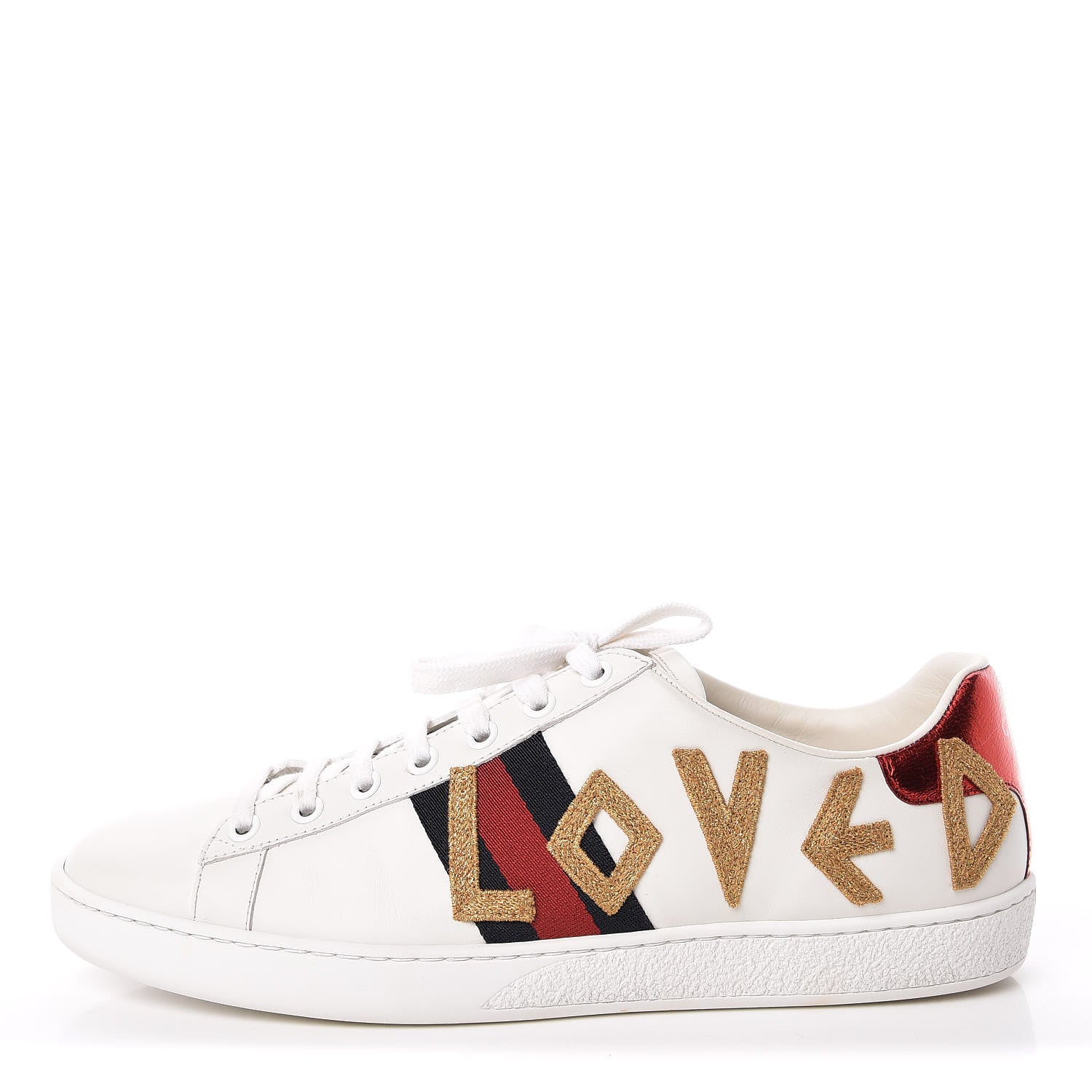 Gucci Calfskin Nappa Web LOVED Embroidered Womens Ace Sneakers 40 White Red Flame Notte 1 of 11