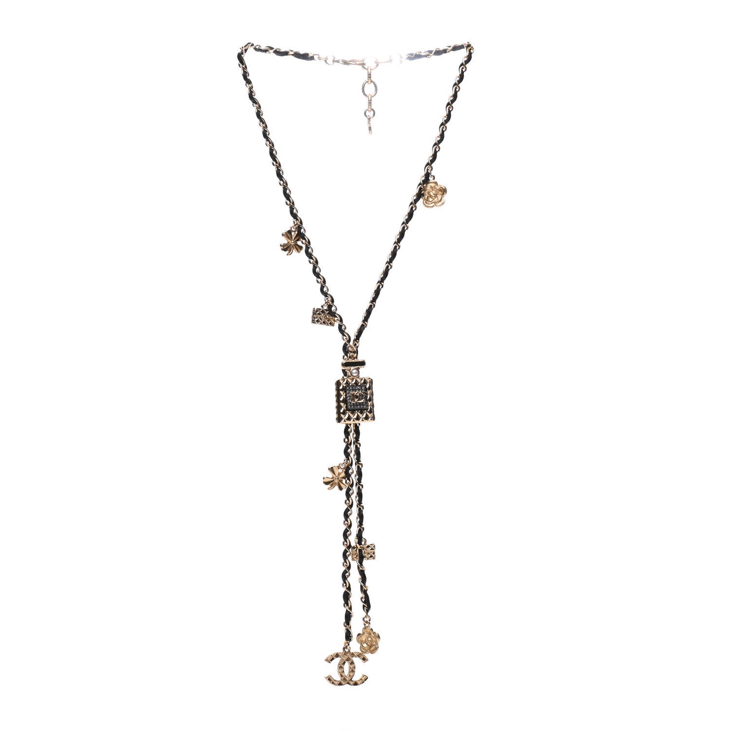 Calfskin Crystal Pearl Perfume Bottle CC Charm Necklace Black Gold