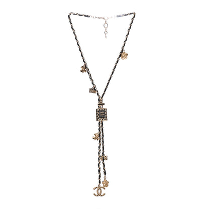 Chanel Calfskin Crystal Pearl Perfume Bottle CC Charm Necklace Black Gold 3 of 7