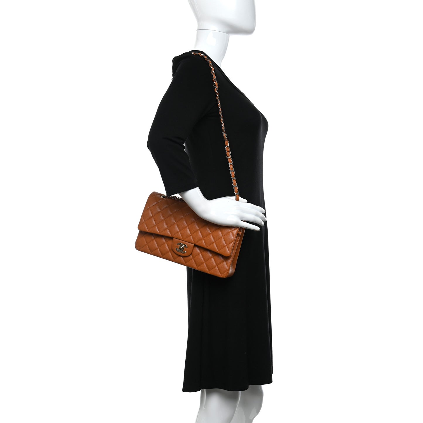 Caviar Quilted Medium Double Flap Light Brown